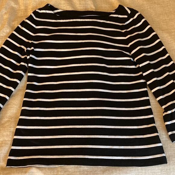 Kate Spade Broome Street Black & White Stripe Cotton Top 3/4 Sleeve with Ruffle. - Picture 4 of 8
